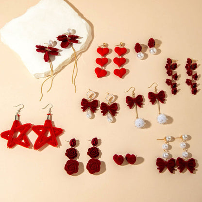 Red Velvet Butterfly Bow Floral Earrings Vintage Pearl Earrings