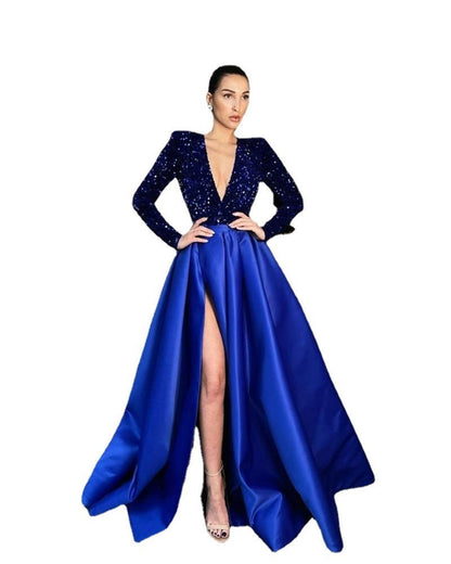 Sequined V-Neck A-Line Maxi Dress with Long Sleeves