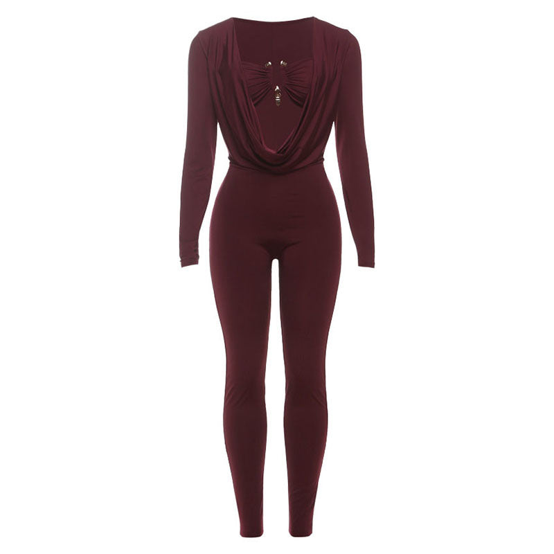 New Sexy Solid Color Jumpsuit With Wrap Neckline And Fitted Waist