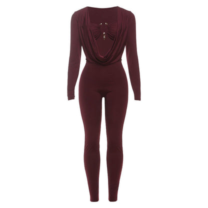 New Sexy Solid Color Jumpsuit With Wrap Neckline And Fitted Waist