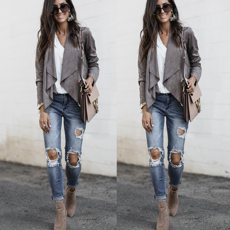 Autumn/Winter New Lapel Solid Color Imitation Deerskin Midi Length Casual Women'S Jacket
