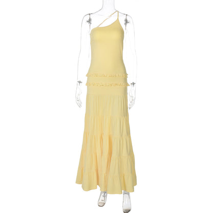 Sexy Hollow Back Tiered One-Shoulder Maxi Dress