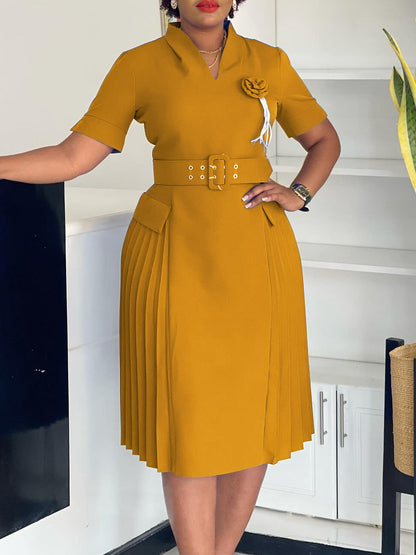 V-Neck A-Line Dress With High Waist And Ruffle Detail