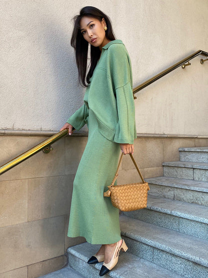 Fashionable V-Neck Knit Sweater And Skirt Set