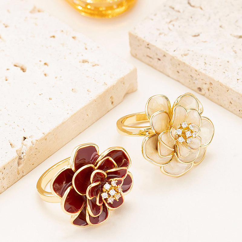 French Elegant Adjustable Drip Glaze Floral Open Ring