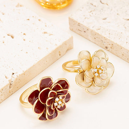 French Elegant Adjustable Drip Glaze Floral Open Ring