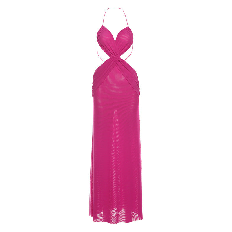Backless Halter Long Dress In Solid Fuchsia