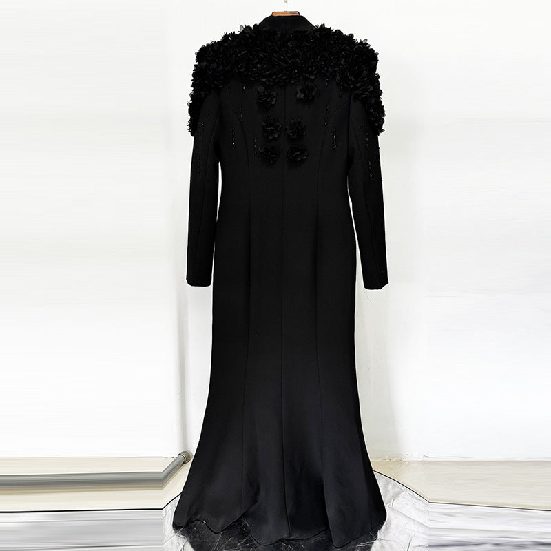 Floral Embellished Long Dress Elegant Cotton Blend Gown