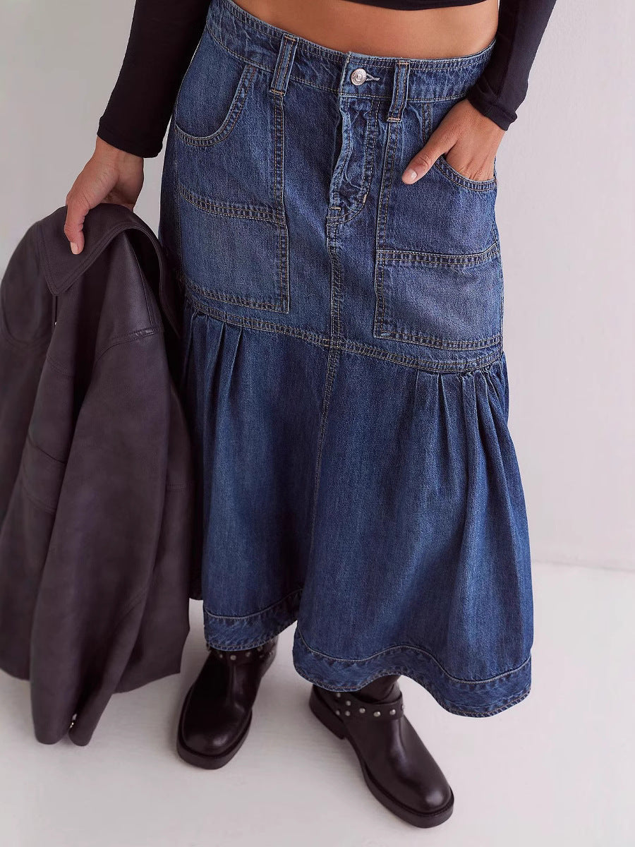 High-Waisted A-Line Denim Skirt Casual Vintage Style