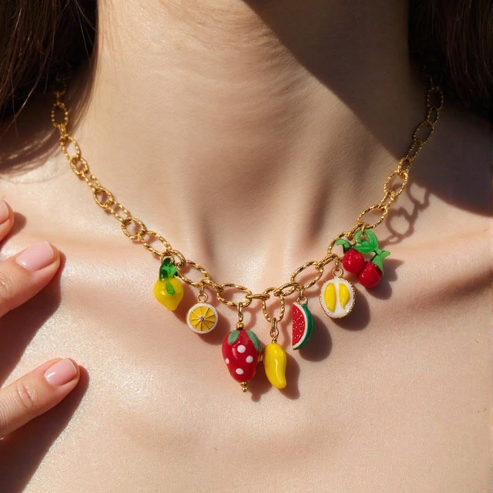 Handmade Fruit Glass Pendant Necklace Stainless Steel Choker