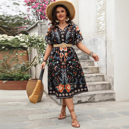 Bohemian Contrast V-Neck High Waist Maxi Dress