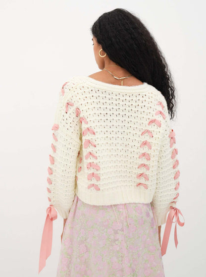 V-Neck String Tie Hollow Out Loose Cardigan