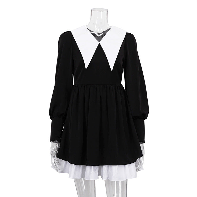 French Style Black A-Line Dress With Peter Pan Collar