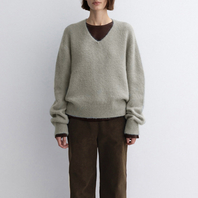 V-Neck Warm Knit Sweater with Rabbit Hair for Casual Elegance