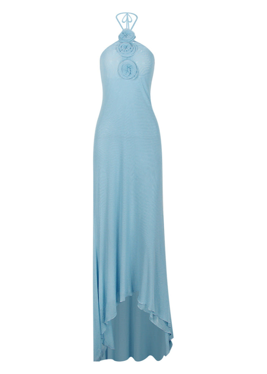 Halter Maxi Dress Sky Blue Rosette Embellishments
