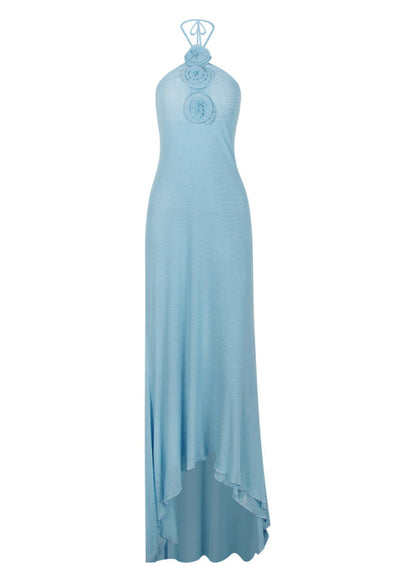 Halter Maxi Dress Sky Blue Rosette Embellishments