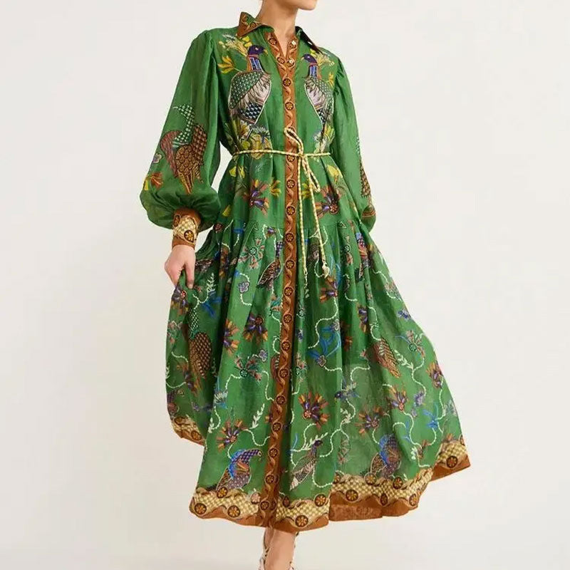 Elegant Floral Print Lantern Sleeve Maxi Dress