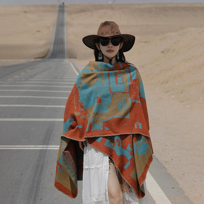 Tibetan Great Retro Totem Red Warm Outer Shawl Women'S Scarf Autumn And Winter Cloak Big Cloak