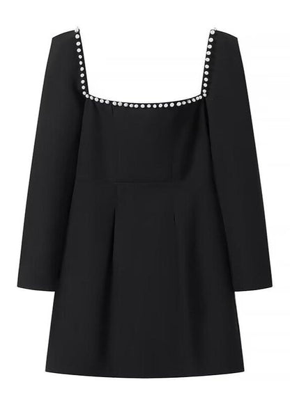 Square Neck Mini Dress With Pearl Trim