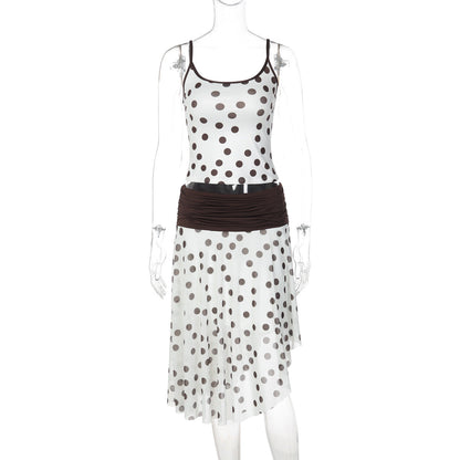 Trendy Polka Dot Sleeveless Top and Color-Block Skirt Set