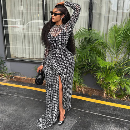 Elegant Black High Neck Bodycon Dress With Abstract Print