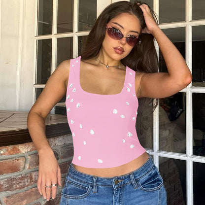 Trendy Sexy Cropped U-Neck Tank Top with Beading
