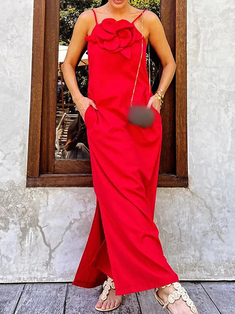 3D Floral Strapless Linen Maxi Dress for Trendy Street Style