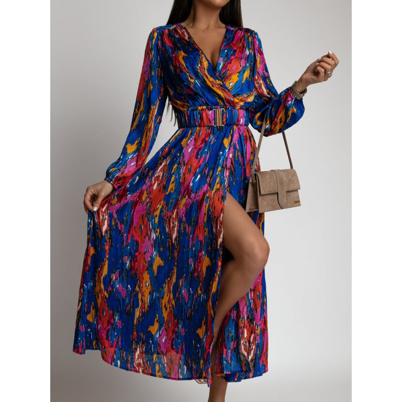 New Fashion Print V-Neck Long Sleeve Belt Dress