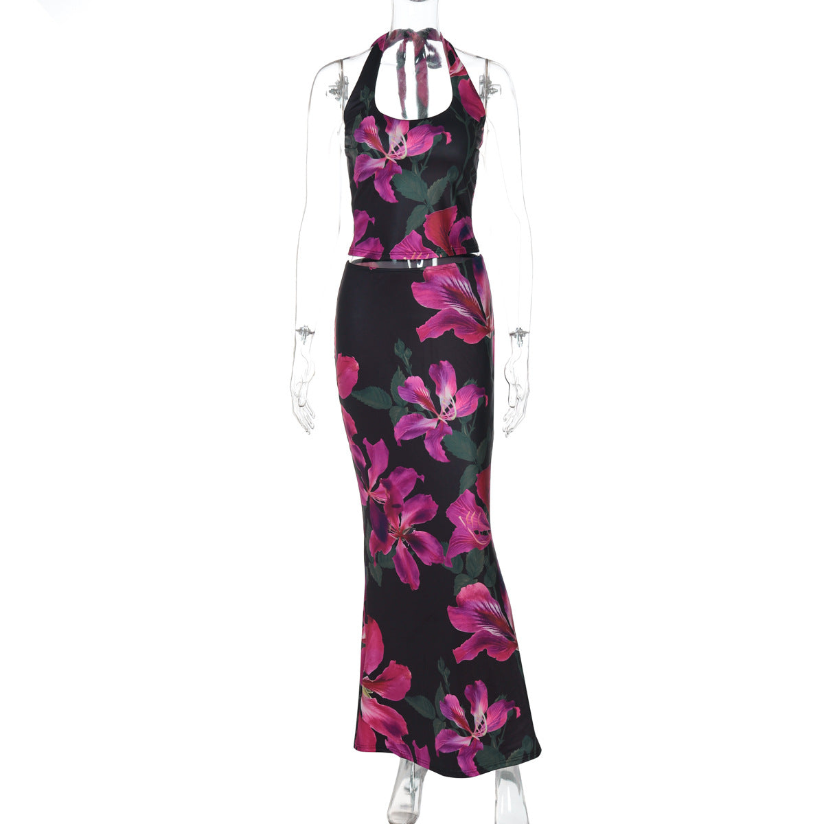 Fashion Floral Print Sexy U-Neck Slim Fit Tank Dress Set