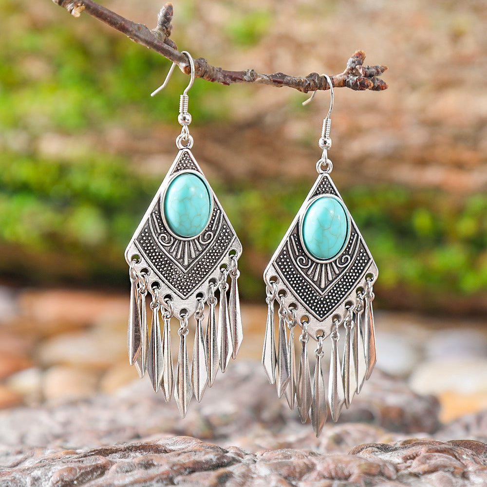 Diamond-Shaped Alloy Earrings with Turquoise Tassels for Women