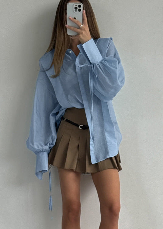 Oversized Cotton Blend Shirt with Ribbon Tie Sleeves