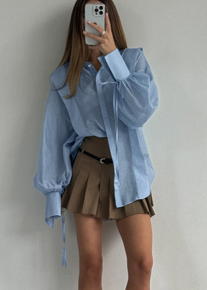 Oversized Cotton Blend Shirt with Ribbon Tie Sleeves