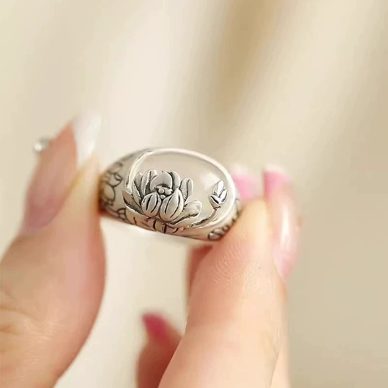 Agate Lotus S925 Silver Ring Women'S 2024 New Niche Design Retro Style Index Finger Ring Mother'S Day Gift