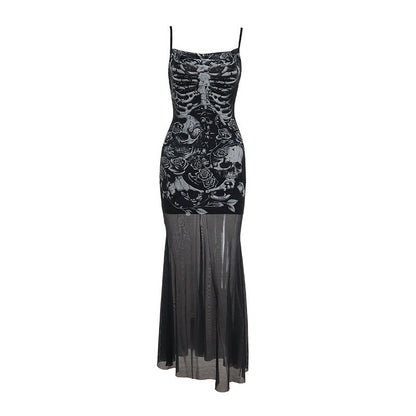 Skeleton Rose Bodycon Dress with Scoop Neck
