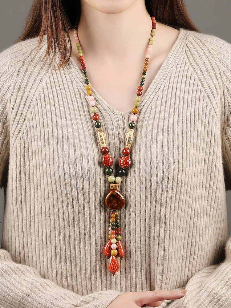 Ethnic Style High-End Ceramic Sweater Chain Women'S Long Versatile Pendant Autumn And Winter Necklace 2023 New Jewelry Pendant