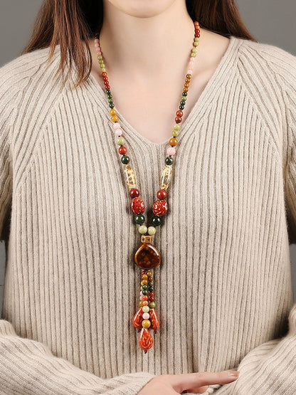 Ethnic Style High-End Ceramic Sweater Chain Women'S Long Versatile Pendant Autumn And Winter Necklace 2023 New Jewelry Pendant