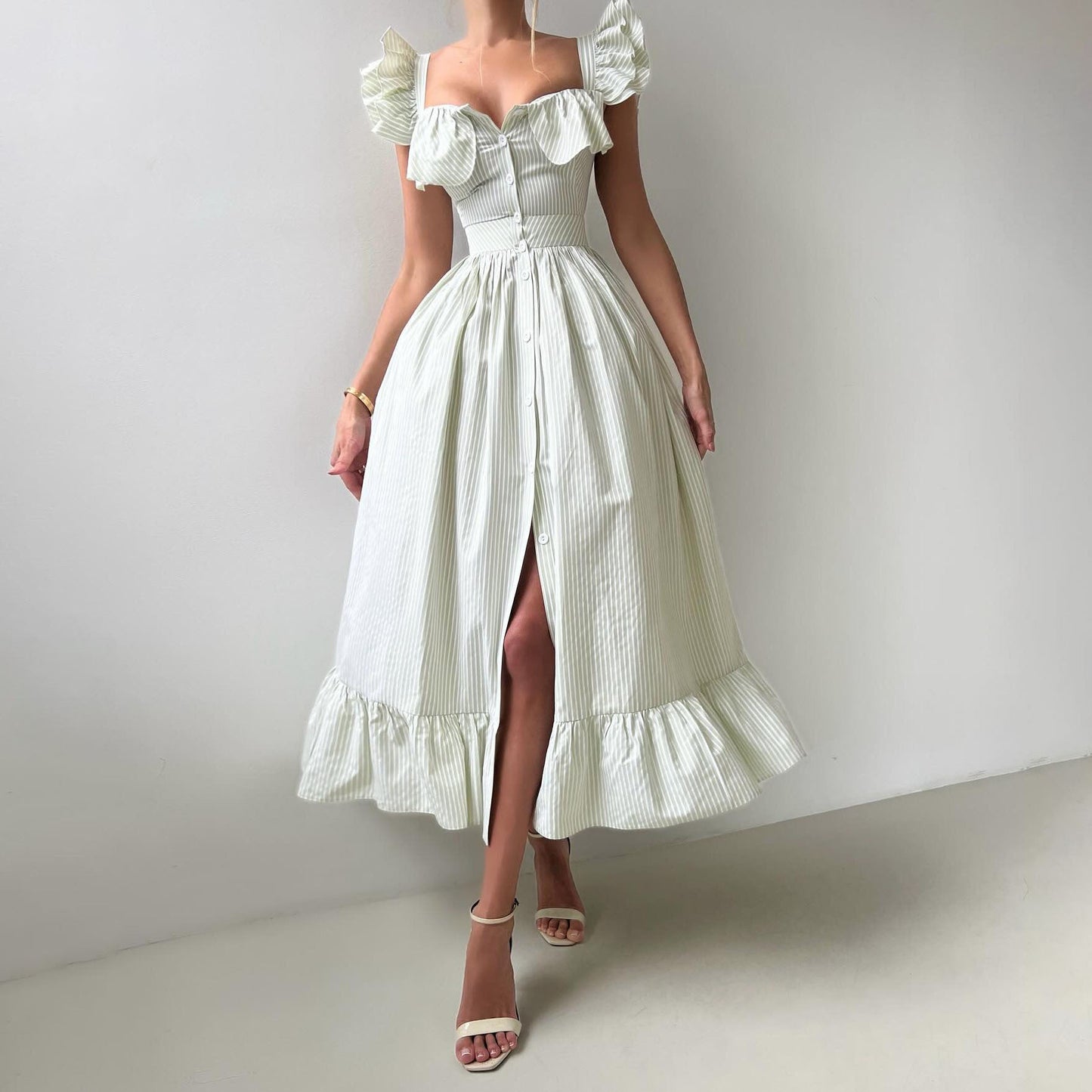 Trendy Square Neck Striped Ruffle Midi Dress