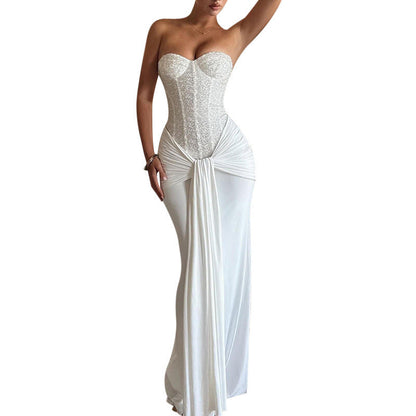 Elegant Strapless Maxi Dress with Waist Detailing
