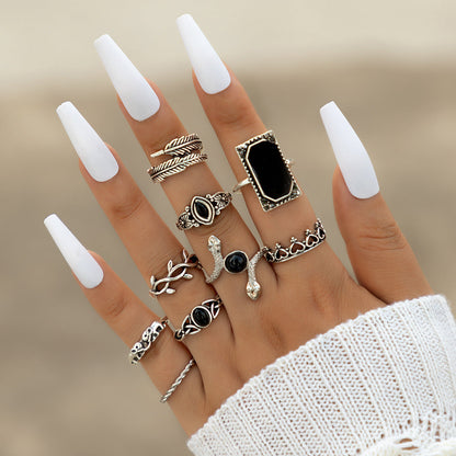 15 Piece Ring Set Personalized Fashion Style Hollow Out Lotus Sunflower Geometry Black Gem Set Ring