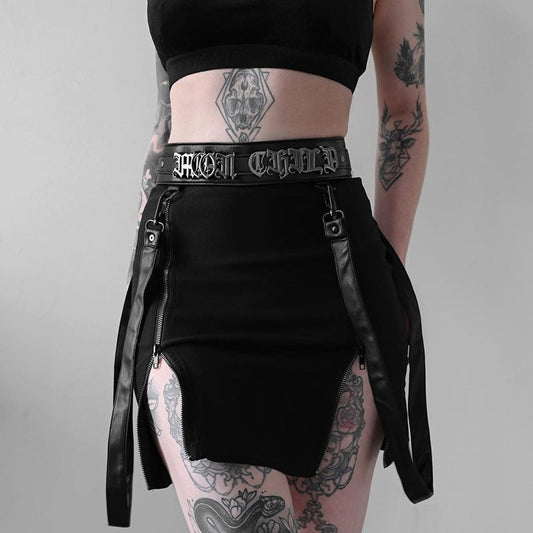 Gothic Design Double Zipper High Split Summer Bodycon Skirt