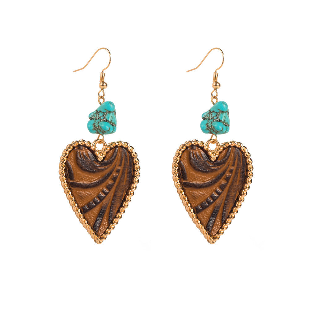 Heart-Shaped Turquoise and Leather Alloy Earrings for Women