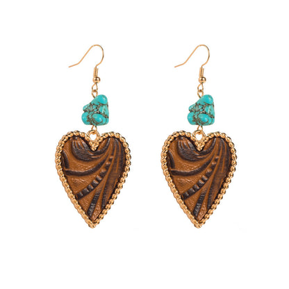 Heart-Shaped Turquoise and Leather Alloy Earrings for Women