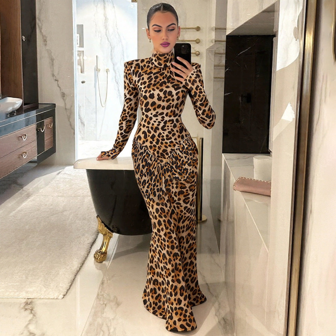 Fashionable Sexy Backless High Neck Long Sleeve Bodycon Dress With Leopard Print