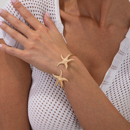 Starfish and Seashell Open Bangle Bracelet for Women