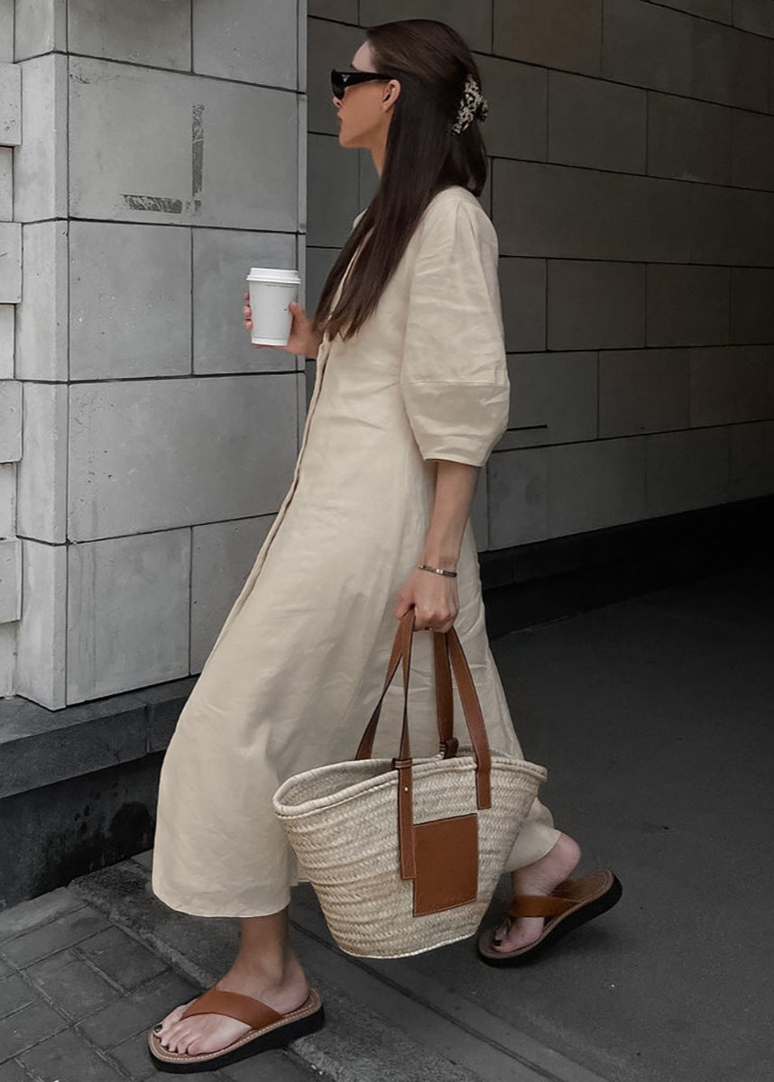 Linen Button Down Midi Dress With Puff Sleeves