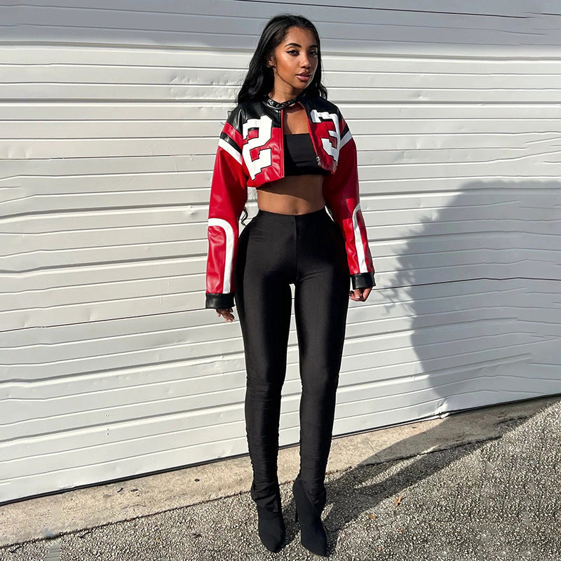 Trendy Color Block Embroidered Biker Jacket