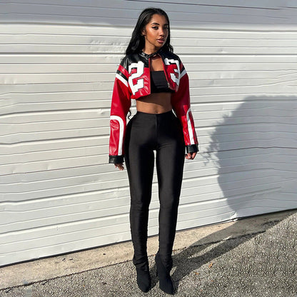 Trendy Color Block Embroidered Biker Jacket