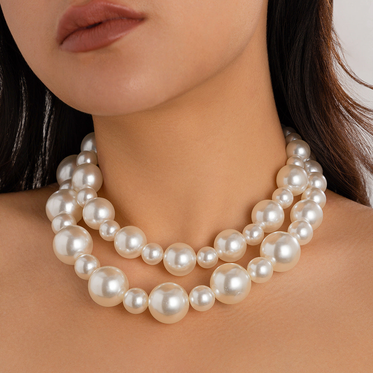 Retro Chunky Faux Pearl Choker Necklace Layered Beaded Jewelry For Women