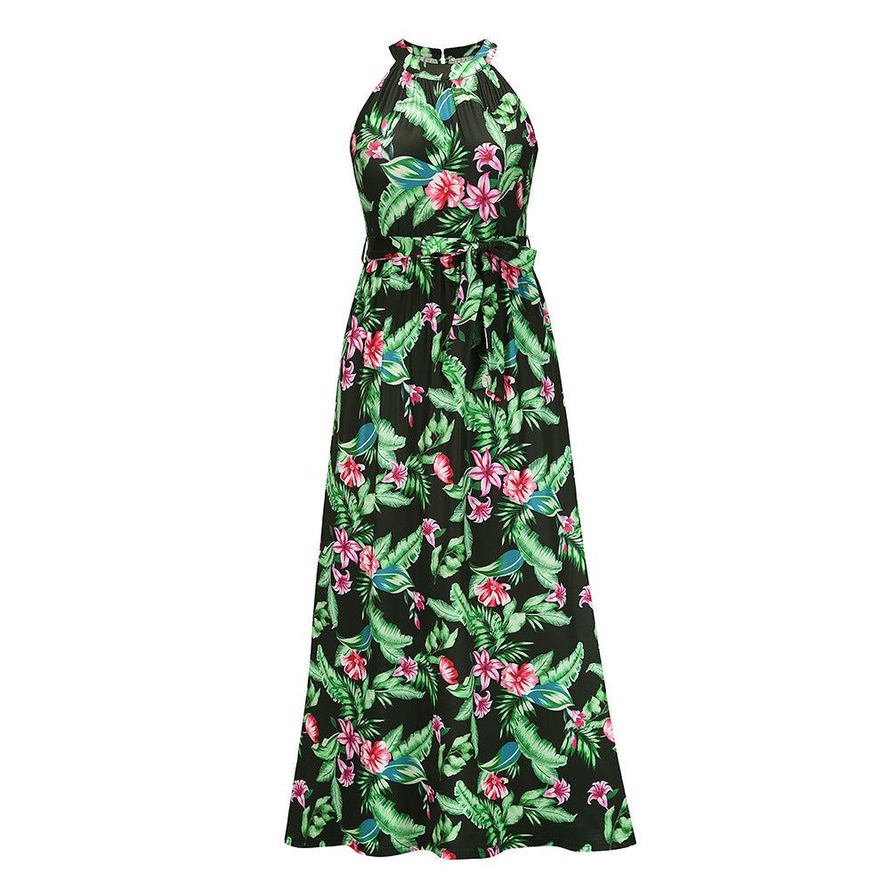 Hanging Neck Retro Print Dress Seaside Beach Dress
