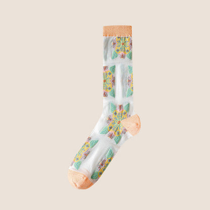 Rufia -  Embroidered Floral Pattern Sheer Socks